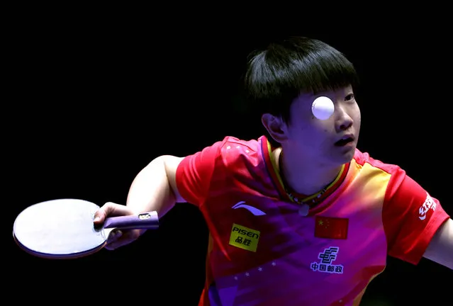 Sun Yingsha of China gets her eye in against Ayhika Mukherjee of India in their women’s singles group stage match at the World Team Table Tennis Championships in Busan, South Korea on February 16, 2024. (Photo by Kim Hong-Ji/Reuters)