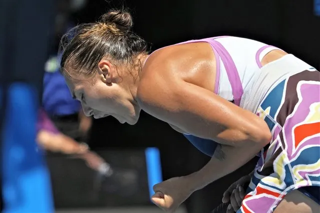 Aryna Sabalenka of Belarus reacts after defeating Donna Vekic of Croatia in their quarterfinal match at the Australian Open tennis championship in Melbourne, Australia, Wednesday, January 25, 2023. (Photo by Aaron Favila/AP Photo)