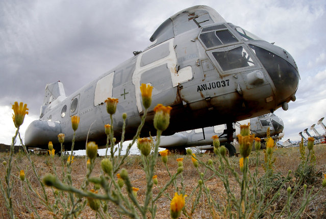 A Boeing Vertol CH-46 Sea Knight, tail no. 153993, is stored at the 309th Aerospace Maintenance and Regeneration Group boneyard at Davis-Monthan Air Force Base in Tucson, Ariz. on Thursday, May 21, 2015. According to the U.S. Marine Corps, this helicopter was the last aircraft out of Vietnam. Known by its mission name, Swift 2-2, this CH-46 lifted the remaining 11 members of the Marine Guard off the roof of the U.S. (Photo by Matt York/AP Photo)