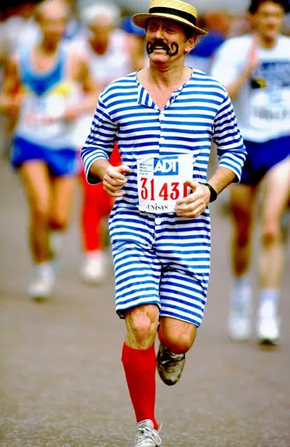 A fun runner in fancy dress in action during the London ADT Marathon, on April 21, 1991. (Photo by Allsport UK)