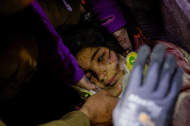 10-year-old Zeynep Ugurlu rescued by search and rescue teams from under rubble of a collapsed building after 159 hours in Antakya district of Hatay, following 7.7 and 7.6 magnitude earthquakes hit Turkiye's Kahramanmaras, on February 12, 2023. (Photo by Kemal Aslan/Reuters)