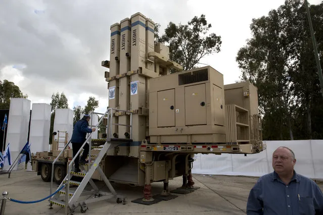 The David's Sling Air Defense System is seen during a ceremony inaugurating a joint U.S.-Israeli missile interceptor at the Hatzor Air Base, Israel. Sunday, April 2, 2017. David's Sling, meant to counter medium-range missiles possessed by Iranian-backed Hezbollah militants in Lebanon, officially became operational at the ceremony, the military said. (Photo by Sebastian Scheiner/AP Photo)