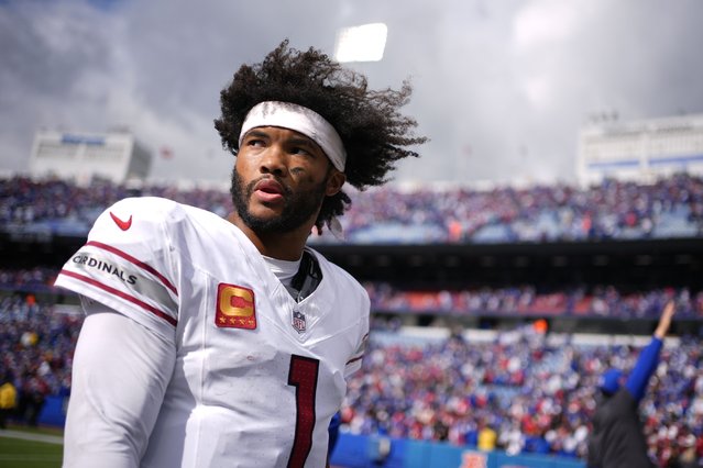 Arizona Cardinals quarterback Kyler Murray walks off the field after an NFL football game against the Buffalo Bills Sunday, September 8, 2024, in Orchard Park, N.Y. The Bills won 34-28. (Photo by Matt Slocum/AP Photo)