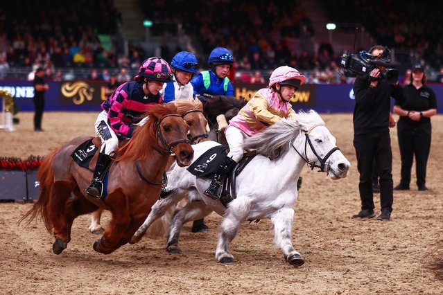 Young jockey Florence Watson (L), Lily Draper (2L), Fiona Smith (2R), and Ellie Day compete in The Shetland Pony Grand National in the main arena at the London International Horse at the ExCel in London on December 19, 2024. (Photo by Henry Nicholls/AFP Photo)