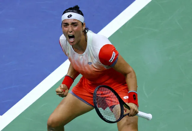 Ons Jabeur of Tunisia celebrates victory in semifinal of US Open Championships against Caroline Garcia of France at USTA Billie Jean King National Tennis Center in New York on. September 8, 2022. Jabeur won in straight sets and moved for the first time in her career to the final of US Open. (Photo by Mike Segar/Reuters)