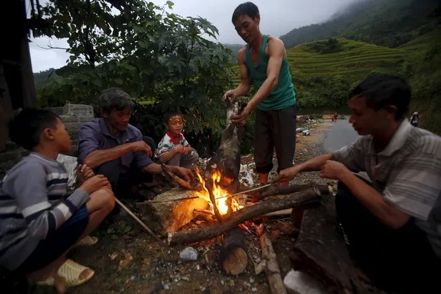 Men of Vietnamese Dao ethnic tribal roast a goat for a ritual ceremony to pray for the health of their relative by a road side in Hoang Su Phi, north of Hanoi, September 17, 2015. (Photo by Reuters/Kham)