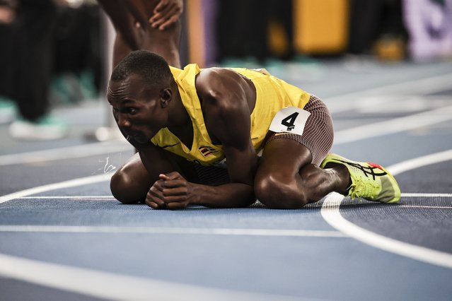 Tom Dradriga of Uganda reacts after competing in the Men's 800m Semifinals at the World Athletics Indoor Championships in Nanjing, China, 22 March 2025. (Photo by Andres Martinez Casares/EPA/EFE)