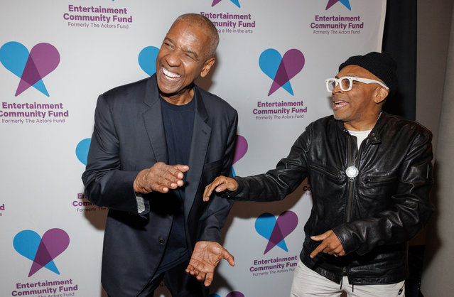 Denzel Washington (left) and Spike Lee attend the Entertainment Community Fund Gala at the Marriott Marquis in New York, US on April 21, 2025. (Photo by CJ Rivera/Invision/AP Photo)