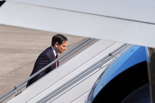 US Secretary of State Marco Rubio boards a US aircraft after attending the meeting of North Atlantic Treaty Organization (NATO) Ministers of Foreign Affairs at NATO's headquarters in Brussels on April 4, 2025. NATO Foreign Ministers meet in Brussels on April 3 and April 4, 2025 to continue planning for the forthcoming NATO's June Summit in the Hague and discuss urgent security issues. (Photo by Jacquelyn Martin/Pool via AFP Photo)