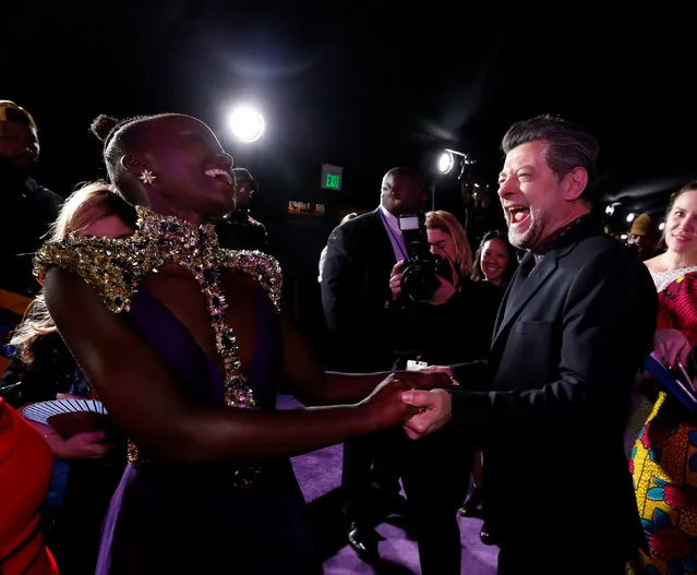 Cast members Andy Serkis (R) and Lupita Nyong'o attend the premiere of Disney and Marvel's “Black Panther” at Dolby Theatre on January 29, 2018 in Hollywood, California. (Photo by Mario Anzuoni/Reuters)