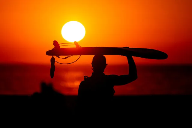 A surfer walks on the beach at sunset in Venice Beach, West of Los Angeles, California, 15 October 2020. (Photo by Étienne Laurent/EPA/EFE)