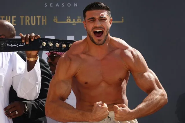Boxer Tommy Fury is pictured during a weight measurement, a day ahead of a match against Jake Paul (not pictured) in Riyadh, on February 25, 2023. (Photo by Fayez Nureldine/AFP Photo)
