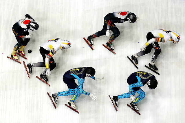 Kazakhstan, Belgium and Japan compete in the men’s 5000m relay final B during the ISU World Short Track Speed Skating Championships at the Ahoy Arena on 17 March 2024 in Rotterdam, Netherlands. (Photo by Dean Mouhtaropoulos/International Skating Union/Siena awards festival 2025)