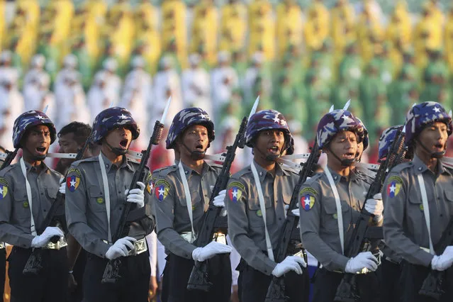 Police attend a ceremony marking Myanmar's 75th anniversary of Independence Day in Naypyitaw, Myanmar, Wednesday, January 4, 2023. (Photo by Aung Shine Oo/AP Photo)