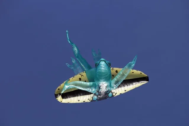 A balloon depicting a lizard, is seen flying during the 14th Solar Balloon Festival in Envidago December 31, 2014. (Photo by Fredy Builes/Reuters)