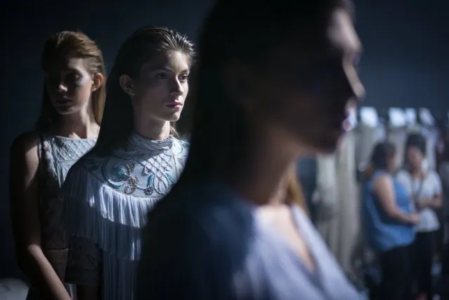 Models backstage ahead of the Zareena presentation during Fashion Forward Spring/Summer 2017 at the Dubai Design District on October 22, 2016 in Dubai, United Arab Emirates. (Photo by Ian Gavan/Getty Images)