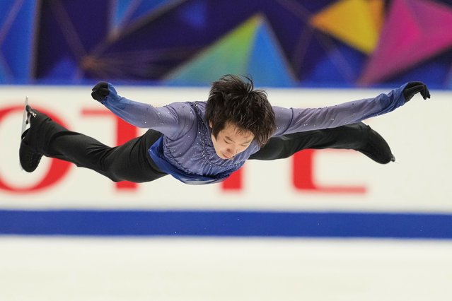Jin Boyang, of China, performs during the men' free skating program in the ISU Grand Prix of Figure Skating - NHK Trophy in Kadoma, east of Osaka, western Japan, Saturday, November 8, 2025. (Photo by Hiro Komae/AP Photo)