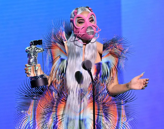 Lady Gaga accepts the Best Collaboration award for “Rain on Me” with Ariana Grande onstage during the 2020 MTV Video Music Awards, broadcast on Sunday, August 30th 2020. (Photo by Kevin Winter/MTV VMAs 2020/Getty Images for MTV)