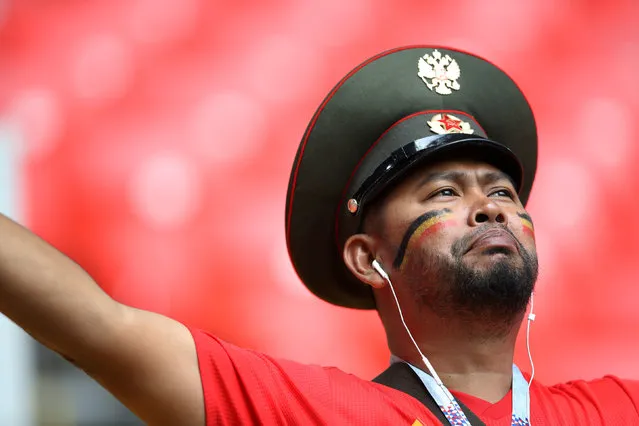 Belgium fan inside the stadium before the Russia 2018 World Cup Group G football match between Belgium and Tunisia at the Spartak Stadium in Moscow on June 23, 2018. (Photo by Carl Recine/Reuters)