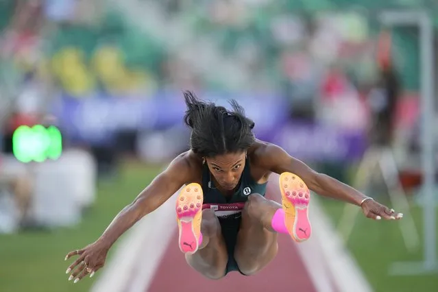 Tara Davis-Woodhall, who took first place, competes in the women's long jump during the U.S. track and field championships in Eugene, Ore., Sunday, July 9, 2023. (Photo by Ashley Landis/AP Photo)
