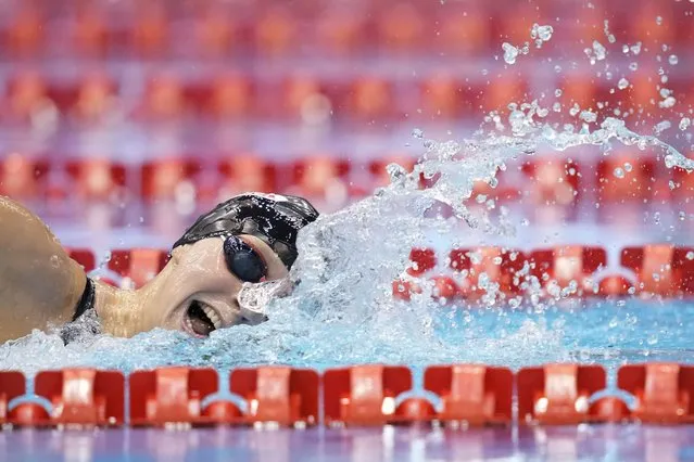 Katie Ledecky of United States competes in the women's 1500m freestyle finals at the World Swimming Championships in Fukuoka, Japan, Tuesday, July 25, 2023. (Photo by Eugene Hoshiko/AP Photo)