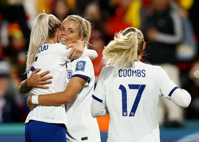 England's Rachel Daly celebrates scoring their side's sixth goal of the game with team-mates during the FIFA Women's World Cup 2023, Group D match at the Hindmarsh Stadium, Adelaide, Australia. Picture date: Tuesday August 1, 2023. (Photo by Hannah Mckay/Reuters)