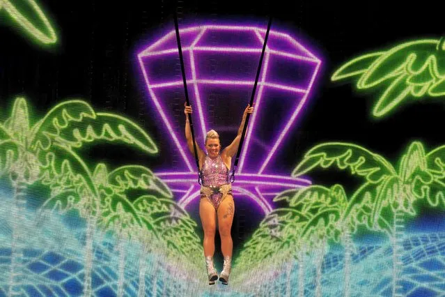 US singer P!nk performs onstage during her “Summer Carnival” tour at the Alamodome in San Antonio, Texas on September 25, 2023. (Photo by Suzanne Cordeiro/AFP Photo)