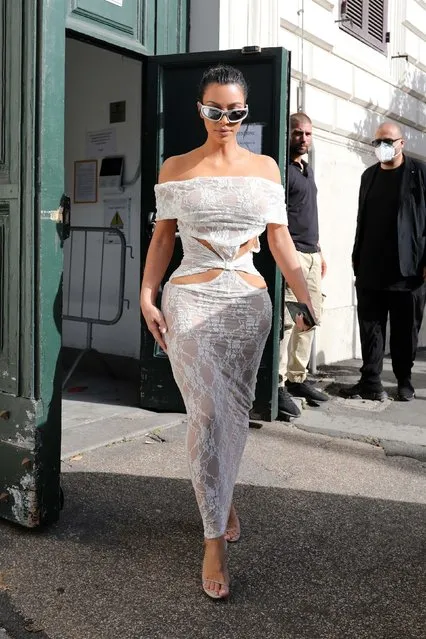 Kim Kardashian visits the Vatican wearing a stunning off-the-shoulder white lace dress on June 29, 2021. Kim stunned as she toured the Vatican with her assistant Tracy, Kate Moss, and her daughter, Lila Grace. (Photo by Backgrid USA)