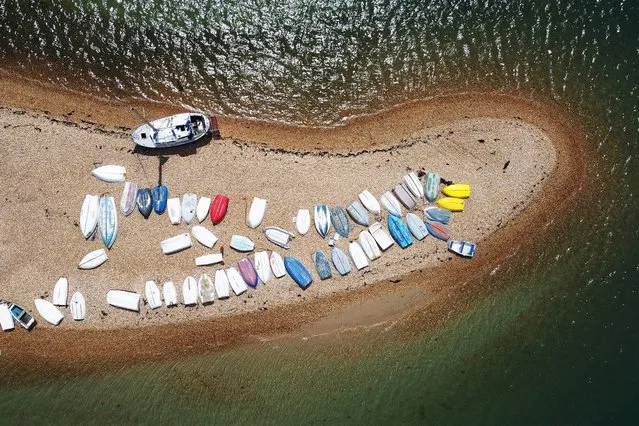 Boats are seen at Southsea Moorings in Portsmouth, Britain, May 26, 2021. Picture taken with a drone. (Photo by Matthew Childs/Reuters)