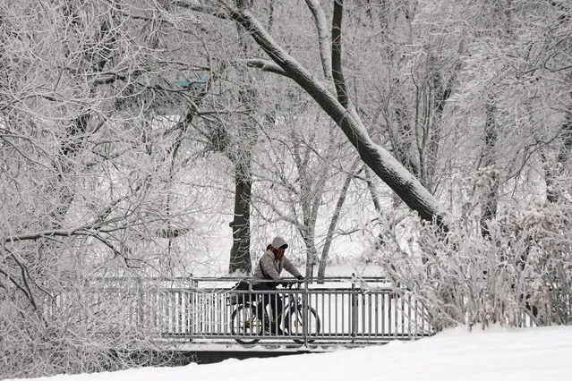 A man rides a bicycle in a park in St. Petersburg, Russia, Friday, December 8, 2023. The temperature in St.Petersburg is around –16 Celsius (3.2 Fahrenheit). (Photo by Dmitri Lovetsky/AP Photo)