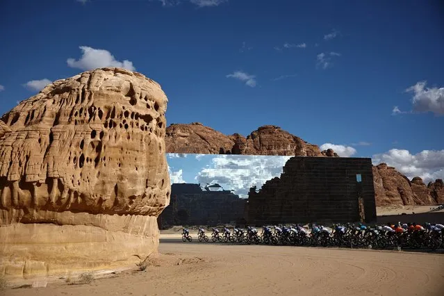The pack rides in front of the Maraya (Mirror), the world's largest mirrored building, during the fourth stage of AlUla Tour cycling race between Hegra and Maraya near Al-Ula on February 2, 2024. (Photo by Anne-Christine Poujoulat/AFP Photo)