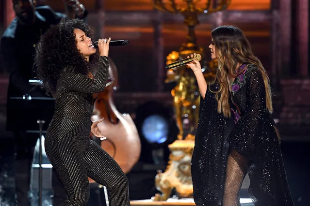 Recording artists Alicia Keys (L) and Maren Morris perform onstage during The 59th GRAMMY Awards at STAPLES Center on February 12, 2017 in Los Angeles, California. (Photo by Kevin Winter/Getty Images for NARAS)