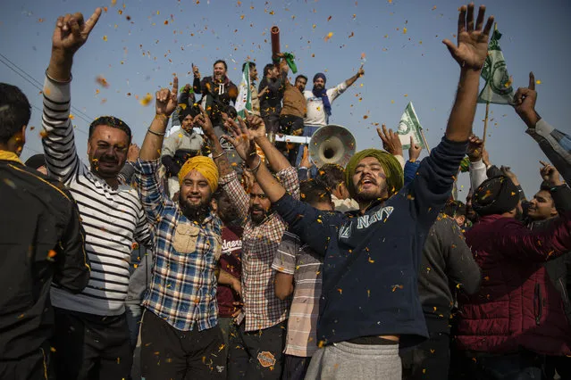 Indian farmers are showered with flower petals as they dance while leaving the protest site in Singhu, on the outskirts of New Delhi, India, Saturday, December 11, 2021. (Photo by Altaf Qadri/AP Photo)