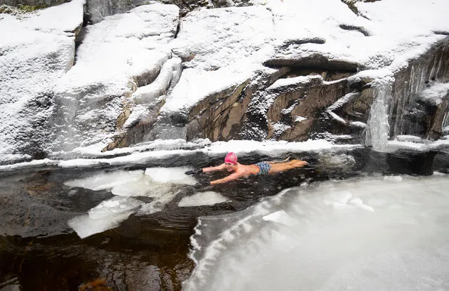 Alice Goodridge, from Newtonmore, swims the frozen waters of the River Calder in Glen Banchor in the Cairngorms National Park, United Kingdom on Thursday February 4, 2021. (Photo by Jane Barlow/PA Images via Getty Images)
