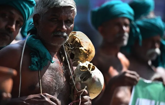 An Indian farmer from Tamil Nadu state wearing a necklace of human skulls representing suicides by agricultural workers takes part in a protest with other farmers in New Delhi on March 15, 2017. Tamil Nadu state farmers protested to demand a profitable price for their agricultral products, and called for the formation of management committee for solving Cauvery river water disputes. More than 200 farmers have committed suicide in Tamil Nadu in recent months following crop failure due to poor rainfall and inadequate water for irrigation. (Photo by Prakash Singh/AFP Photo)