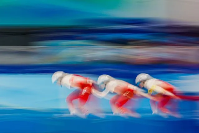 Team Poland in action during the Women's Speed Skating Team Pursuit quarter final at the ​Beijing 2022 Olympic Games, Beijing, C​hina, 12 February 2022. (Photo by Roman Pilipey/EPA/EFE)