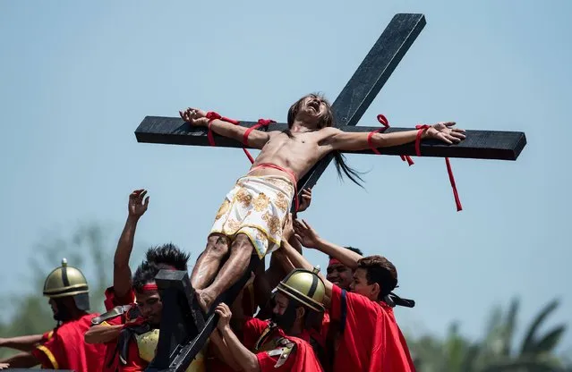 Philippine Christian devotee reacts while nailed to a cross during a reenactment of the Crucifixion of Christ during Good Friday celebrations ahead of Easter in the village of Cutud near San Fernando, north of Manila on April 14, 2017. Devotees in the fervently Catholic Philippines nailed themselves to crosses and whipped their backs in extreme acts of faith that have become an annual tourist attraction. (Photo by Noel Celis/AFP Photo)