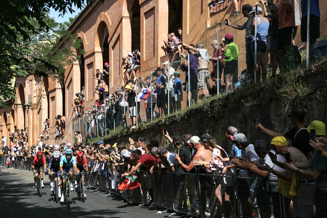 Astana Qazaqstan Team's Colombian rider Harold Tejada (C), flanked by Groupama - FDJ team's French rider Quentin Pacher (2nd L), Arkea - B&B Hotels team's French rider Kevin Vauquelin and Arkea - B&B Hotels team's Colombian rider Cristian Rodriguez leads a breakaway up the San Luca ascent near Bologna during the 2nd stage of the 111th edition of the Tour de France cycling race, 199 km between Cesenatico and Bologna, in Italy, on June 30, 2024. (Photo by Thomas Samson/AFP Photo)