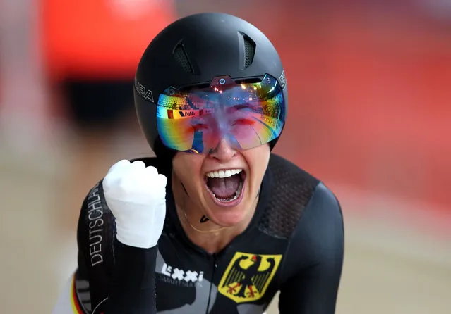 Denise Schindler of Team Germany  celebrates after winning Bronze medal on the Bronze medal race of Track Cycling Women’s C1-3 3000m Individual Pursuit on day 1 of the Tokyo 2020 Paralympic Games at Izu Velodrome on August 25, 2021 in Izu, Japan. (Photo by Kiyoshi Ota/Getty Images)
