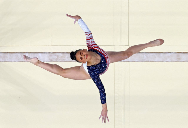 Sunisa Lee of United States in action on the balance beam during the artistic gymnastics women's team final in Paris, France on July 30, 2024. (Photo by Athit Perawongmetha/Reuters)