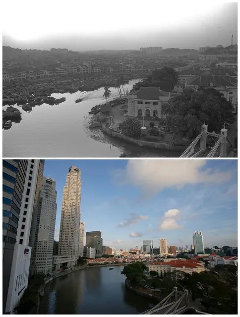 A combination picture shows small boats, known as bumboats, outside shophouses along Singapore River at Boat Quay area in this photo dated September 27, 1965 (top) and the same location May 11, 2015. (Photo by Edgar Su/Reuters/National Archives of Singapore/Ministry of Information and the Arts)