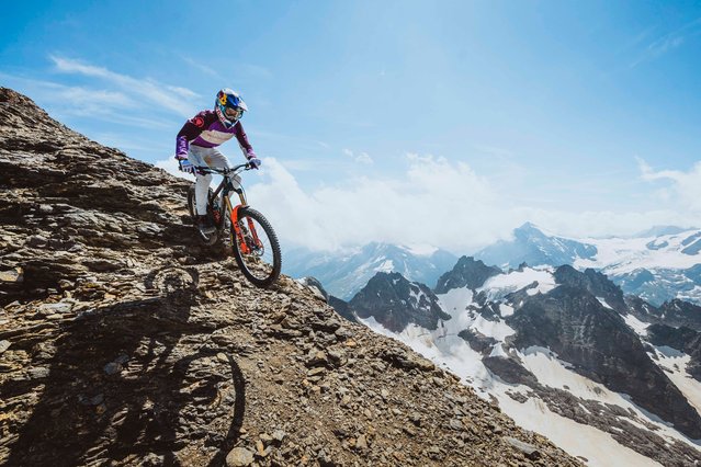 Gee Atherton, a double world champion mountain biker, in perilous action while shooting in the first decade of September 2024 for Ridgeline V in Engelberg-Titlis, Switzerland, an Alpine peak that rises more than 3,000m above sea level. It is the latest in a series of challenging rides Atherton created to test the limits of what is possible on a bike. (Photo by Dan Griffiths/Moonhead Media)