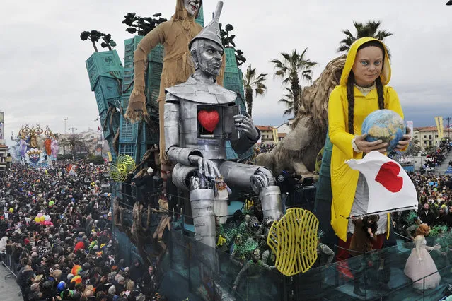A giant papier-mache float representing the climate and environmental activist Greta Thunberg, called Home Sweet Home moves through the streets of Viareggio during the traditional Carnival of Viareggio parade on February 9, 2020 in Viareggio, Italy. The Carnival of Viareggio is considered one of the most important carnivals in Italy and is characterised by its giant papier-mache floats depicting caricatures of popular characters, politicians and fictional creations. (Photo by Laura Lezza/Getty Images)