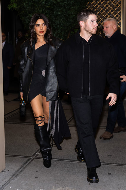 Indian actress Priyanka Chopra Jonas (L) and American singer-songwriter Nick Jonas are seen in Midtown on December 01, 2024 in New York City. (Photo by TheStewartofNY/GC Images)