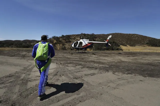 In this Monday, July 25, 2016 photo, skydiver Luke Aikins walks to a helicopter during his training in Simi Valley, Calif. (Photo by Jae C. Hong/AP Photo)