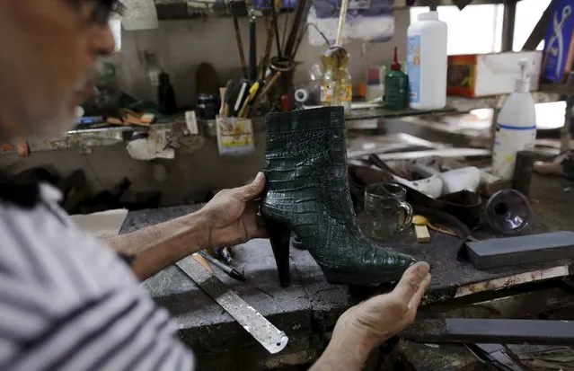 A man holds a boot made from crocodile skin, inside a sewing workshop at Panagator, a sustainable crocodile farm, on the outskirts of Panama City September 11, 2015. (Photo by Carlos Jasso/Reuters)