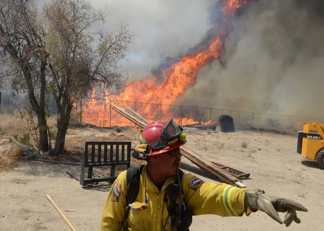 A CalFire captain directs his team to safety while protecting a home from the Bluecut Fire Wednesday August 17, 2016 in Cajon Pass, Calif. A wildfire with a ferocity never seen by veteran California firefighters raced up and down canyon hillsides Wednesday, instantly incinerating homes and forcing thousands of people to flee, some running for their lives just ahead of the flames. (Photo by James Quigg/The Daily Press via AP Photo)