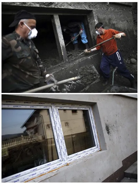 A combination photo shows members of the Kovacevic family clearing mud away from the kitchen in their flood-damaged home during floods May 31, 2014 (top) and the same place after floods October 8, 2014 in Topcic Polje. (Photo by Dado Ruvic/Reuters)