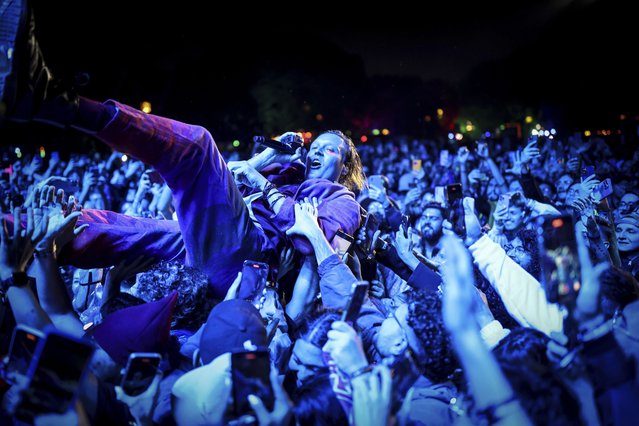 Win Butler, of the Canadian band Arcade Fire, performs during the Estereo Picnic music festival in Bogota, Colombia, Sunday, March 24, 2024. (Photo by Ivan Valencia/AP Photo)