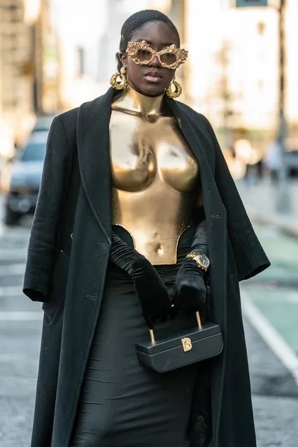 Nigerian-American fashion influencer Amanda Finesse is seen wearing sunglasses by Pearls and Swine, handbag by Brandon Blackwood, custom top and skirt, shoes by Fashion Nova to New York Fashion Week at Spring Studios on February 13, 2023 in New York City. (Photo by David Dee Delgado/Getty Images)